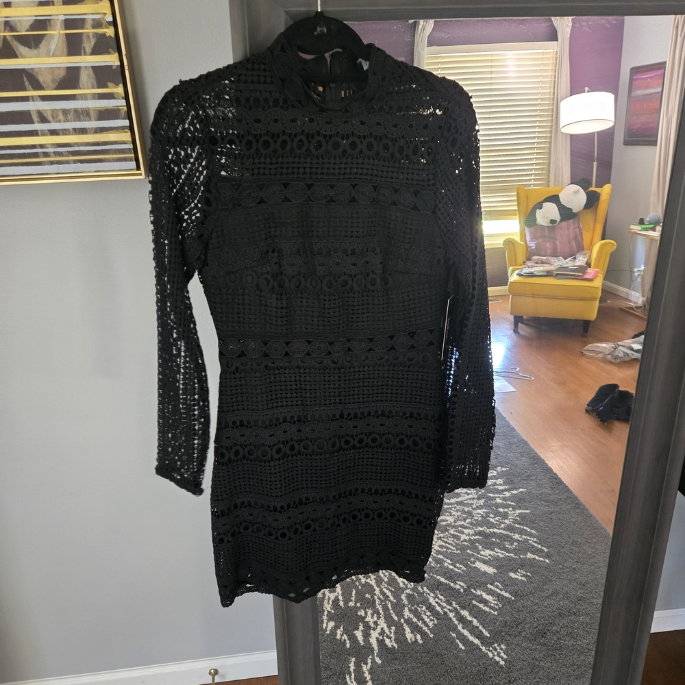 Lulus Black Crochet Long-Sleeve Mini Dress - Elegant Women's Dress